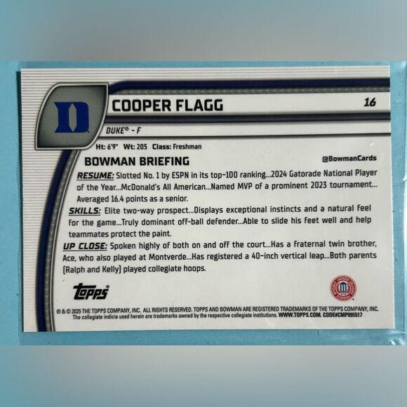 COOPER FLAGG Duke 2024-25 Bowman U Chrome 1st Bowman card #16 - Picture 2 of 3